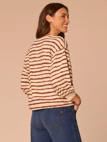 Three Quartrer Sleeve V-Neck Tie Hem Knit Top with Jacquard Bands - Birch Burnt Henna|Celadon Black|Natural Ocean Teal