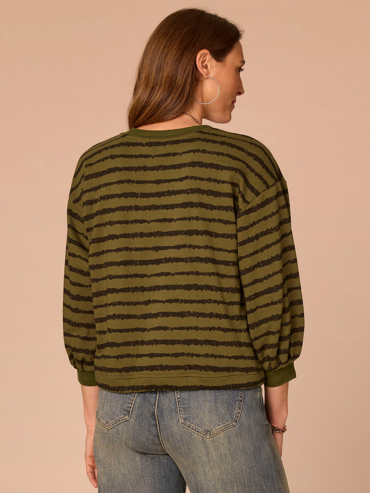 Three Quartrer Sleeve V-Neck Tie Hem Knit Top with Jacquard Bands - Birch Burnt Henna|Celadon Black|Natural Ocean Teal