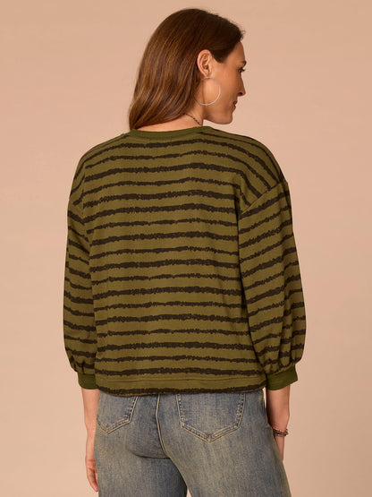 Three Quartrer Sleeve V-Neck Tie Hem Knit Top with Jacquard Bands - Birch Burnt Henna|Celadon Black|Natural Ocean Teal