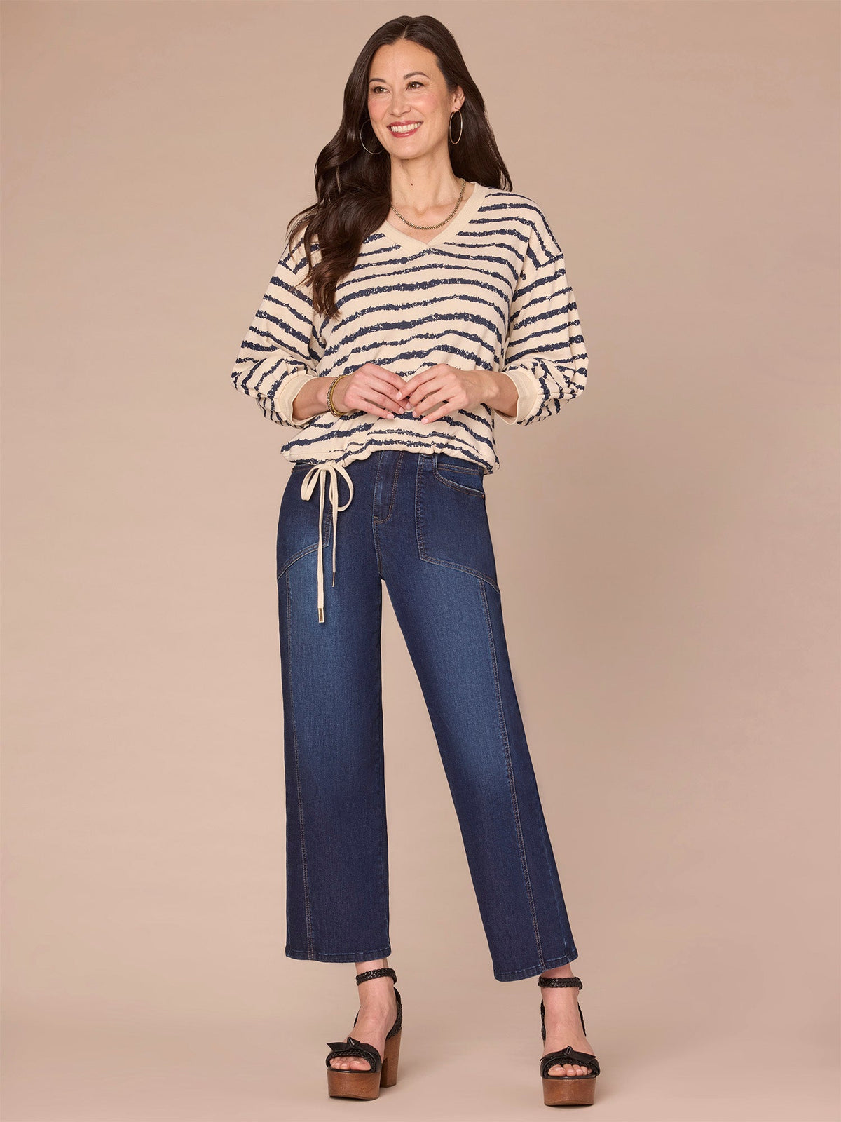 Three Quarter Blouson Sleeve V-Neck Tie Hem Petite Knit Top - Birch Burnt Henna|Natural Ocean Teal