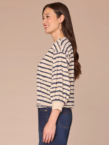Three Quarter Blouson Sleeve V-Neck Tie Hem Petite Knit Top - Birch Burnt Henna|Natural Ocean Teal