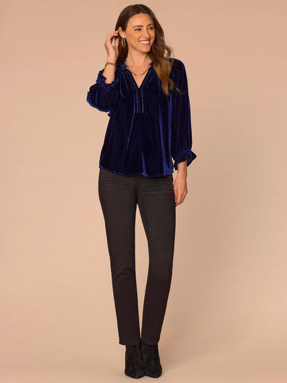 Three Quarter Blouson Sleeve Ruffle Neck Rhinestone Woven Velvet Top - Aubergine|Ultra Navy|Brown