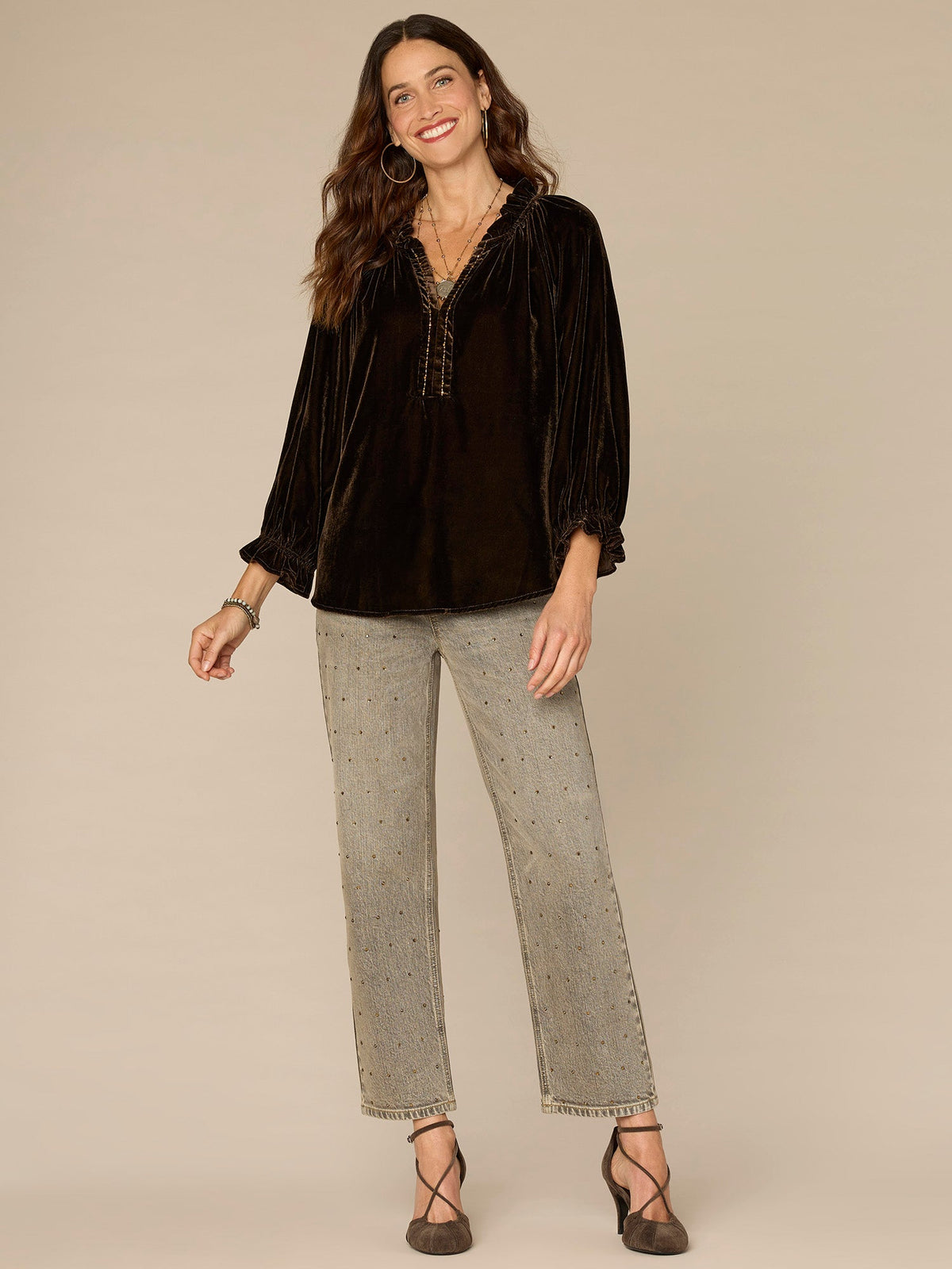 Three Quarter Blouson Sleeve Ruffle Neck Rhinestone Woven Velvet Top - Aubergine|Ultra Navy|Brown
