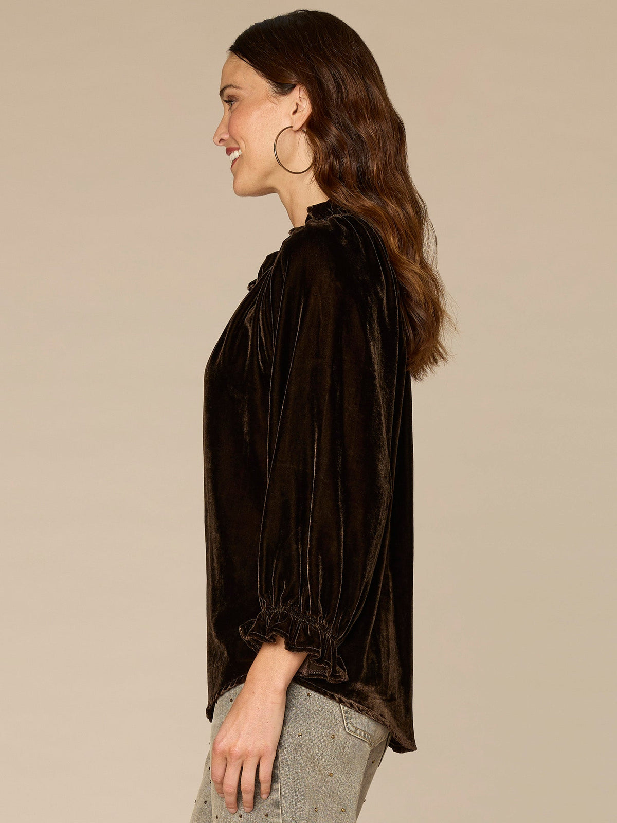 Three Quarter Blouson Sleeve Ruffle Neck Rhinestone Woven Velvet Top - Aubergine|Ultra Navy|Brown