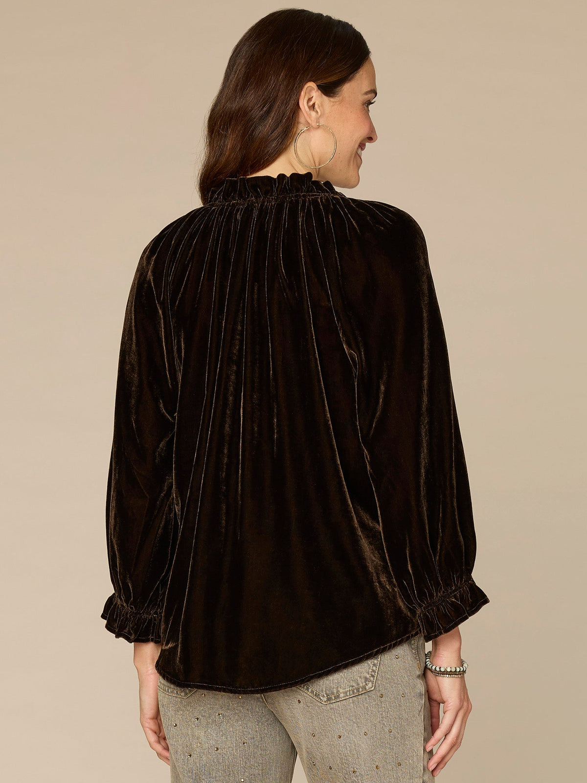Three Quarter Blouson Sleeve Ruffle Neck Rhinestone Woven Velvet Top - Aubergine|Ultra Navy|Brown