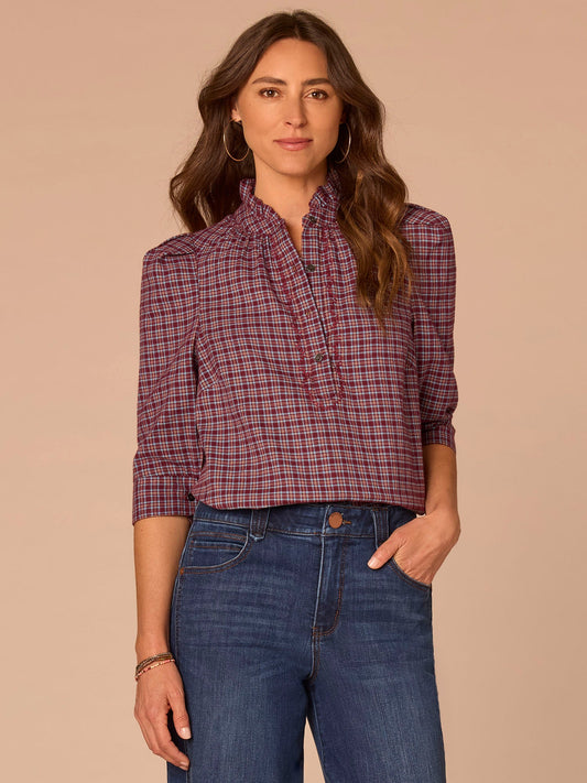 Three Quarter Cuffed Sleeve Ruffle Collar Plaid Print Woven Top - Plum Nile Blue Multi Plaid|Midnight Sapphire Multi Plaid