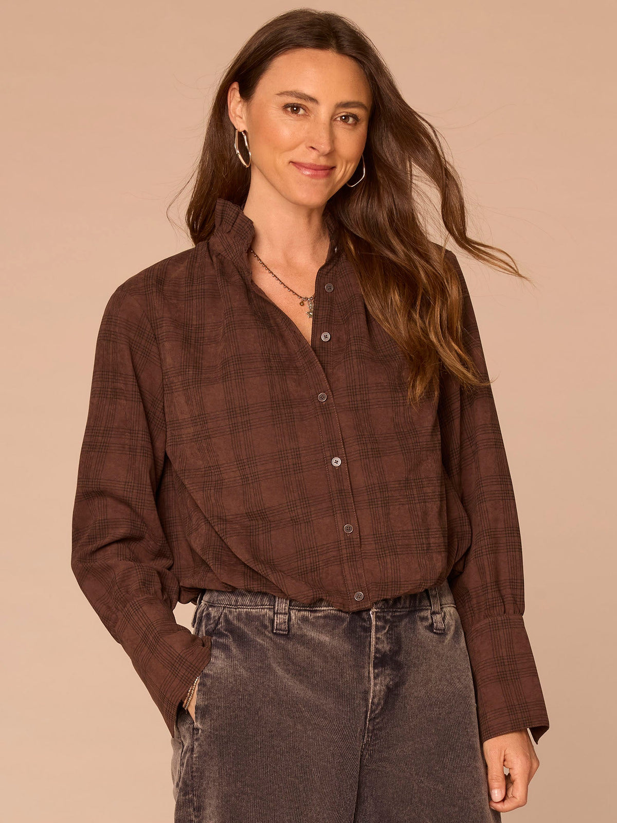French Cuff Sleeve Hi-Low Ruffle Neck Bubble Hem Plaid Woven Suede Top - Coffee Bean|Dove Grey