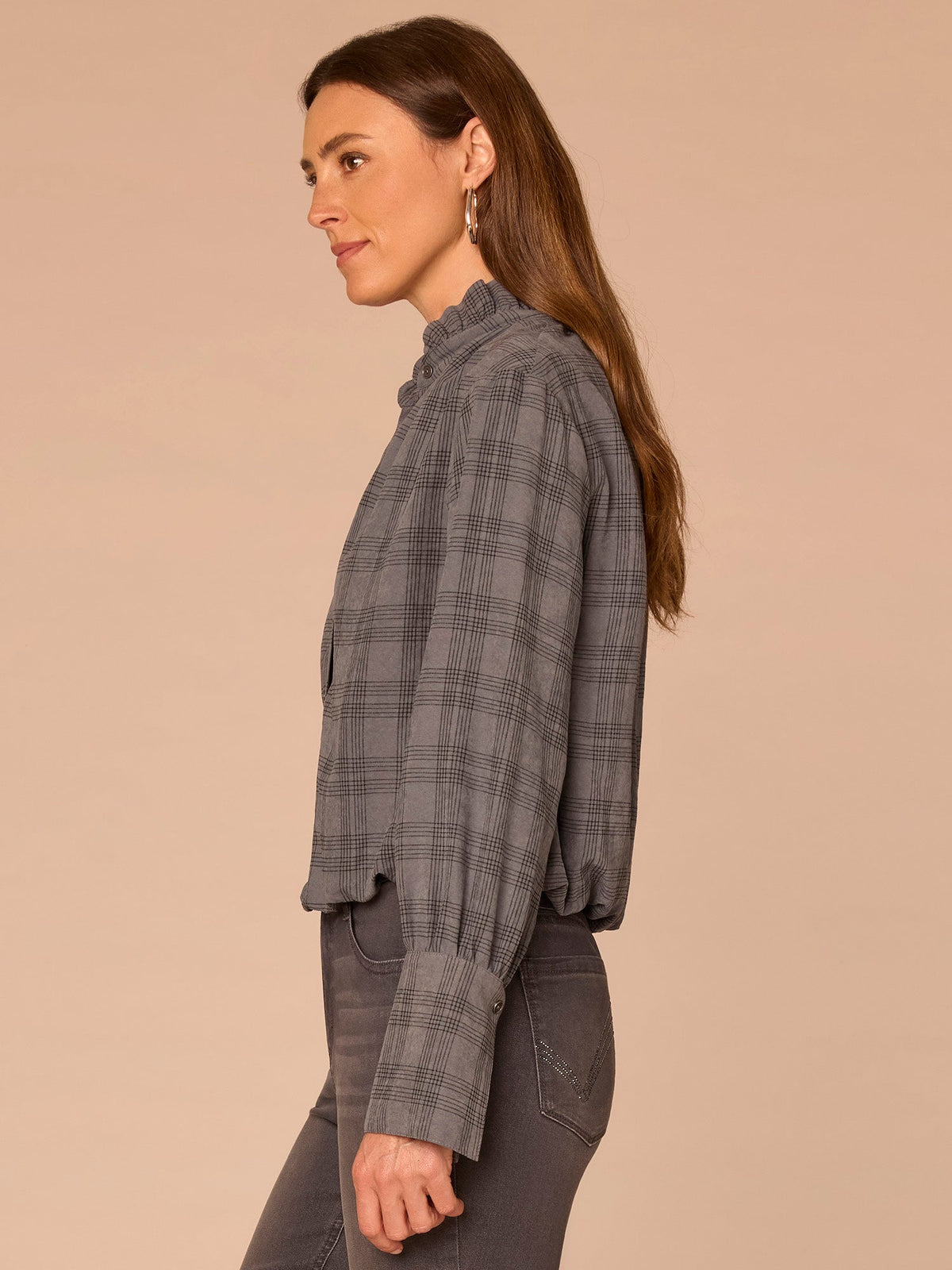 French Cuff Sleeve Hi-Low Ruffle Neck Bubble Hem Plaid Woven Suede Top - Coffee Bean|Dove Grey