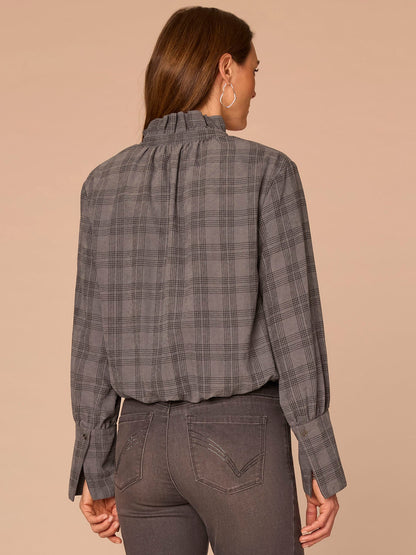 French Cuff Sleeve Hi-Low Ruffle Neck Bubble Hem Plaid Woven Suede Top - Coffee Bean|Dove Grey