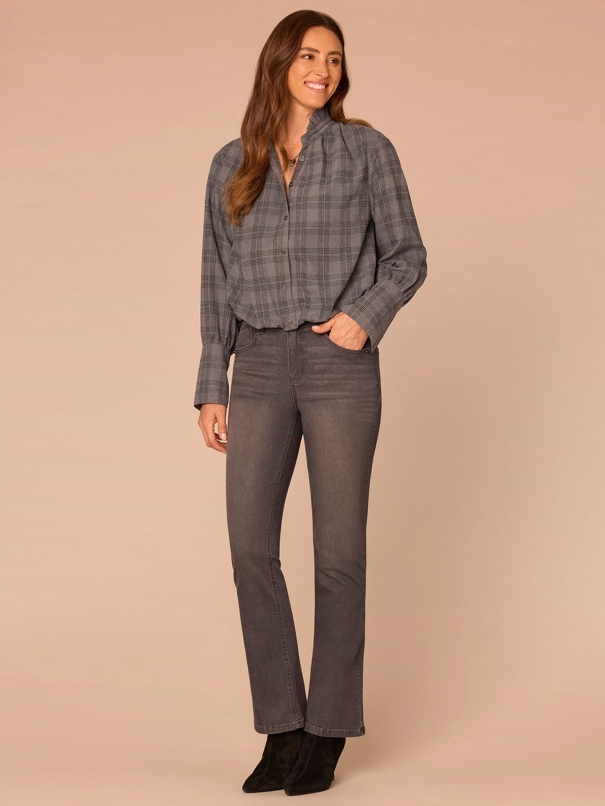 French Cuff Sleeve Hi-Low Ruffle Neck Bubble Hem Plaid Woven Suede Top - Coffee Bean|Dove Grey