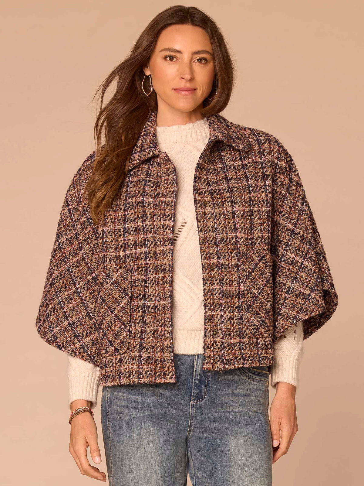 Wide Collar Patch Pocket Plaid Print Woven Capelet - Navy Bubble Gum