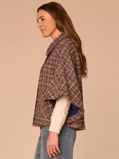 Wide Collar Patch Pocket Plaid Print Woven Capelet - Navy Bubble Gum
