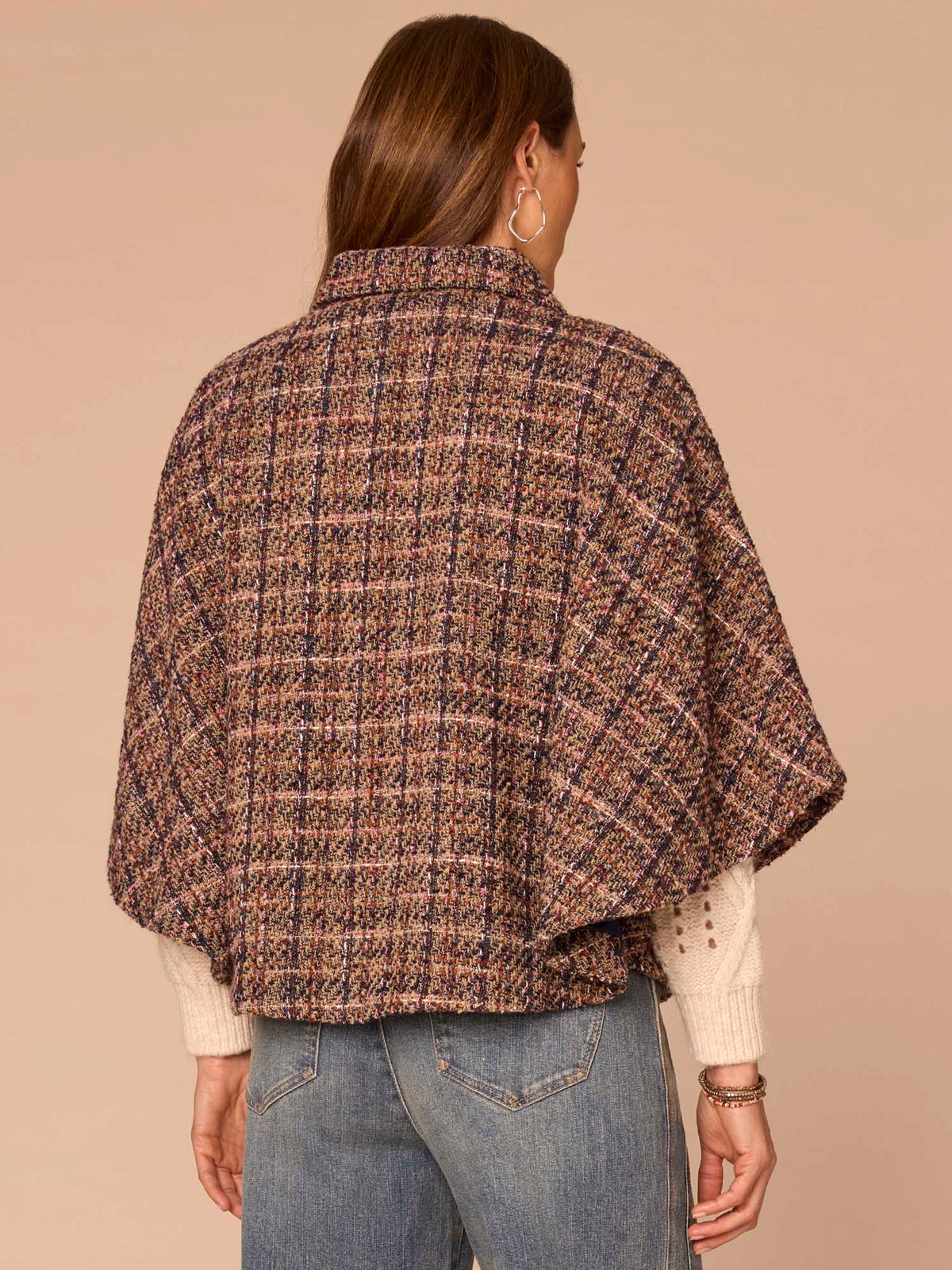 Wide Collar Patch Pocket Plaid Print Woven Capelet - Navy Bubble Gum