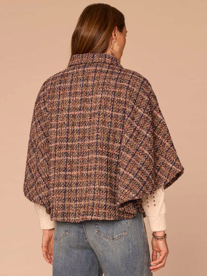 Wide Collar Patch Pocket Plaid Print Woven Capelet - Navy Bubble Gum