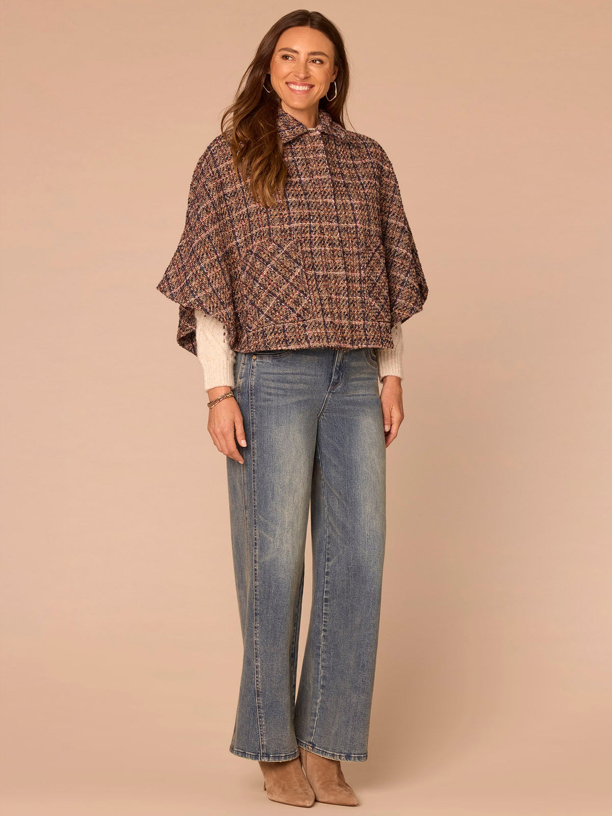Wide Collar Patch Pocket Plaid Print Woven Capelet - Navy Bubble Gum
