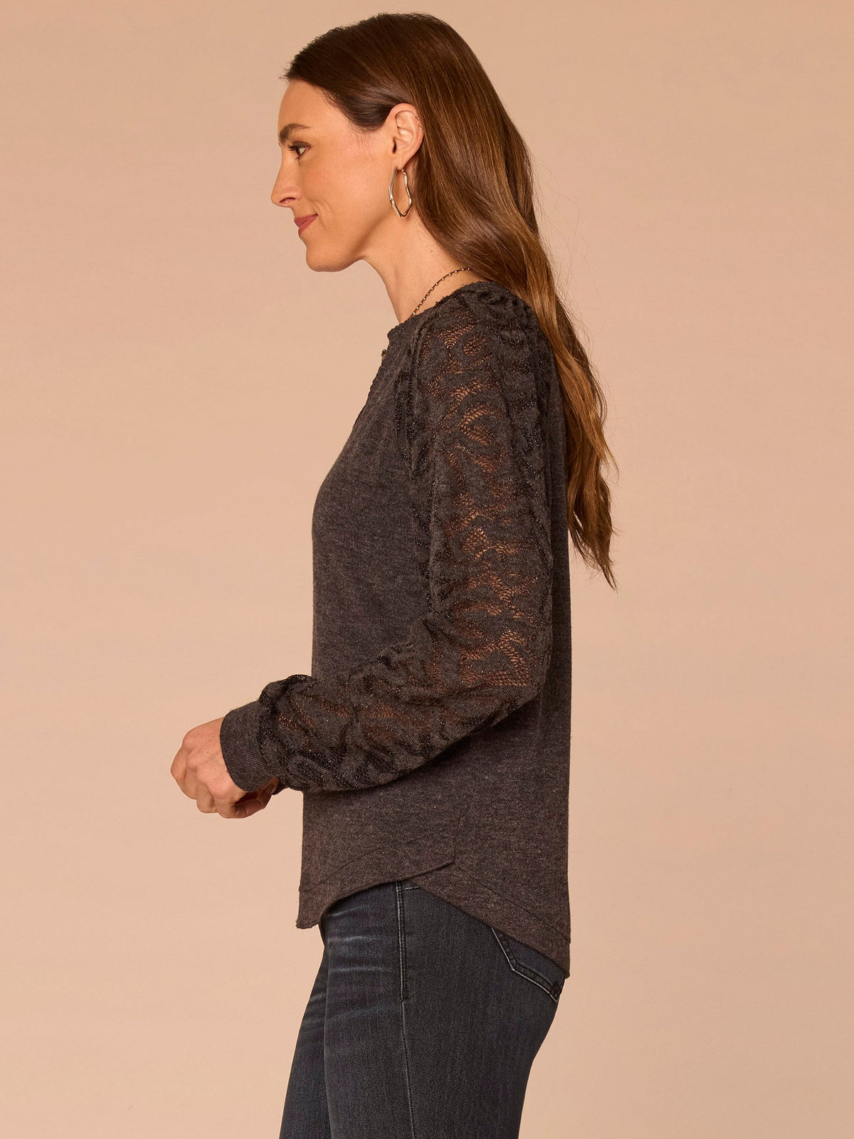 Long Blouson Sleeve Mandarin Collar Half Placket Mixed Media Knit Top - Heather Oxblood|Heather Black|Heather Jungle Moss