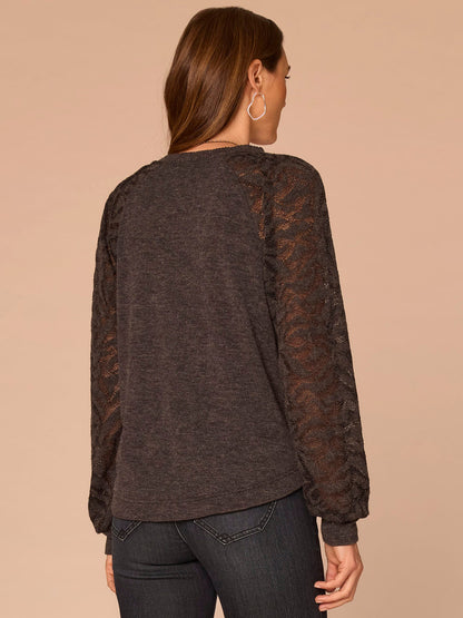 Long Blouson Sleeve Mandarin Collar Half Placket Mixed Media Knit Top - Heather Oxblood|Heather Black|Heather Jungle Moss