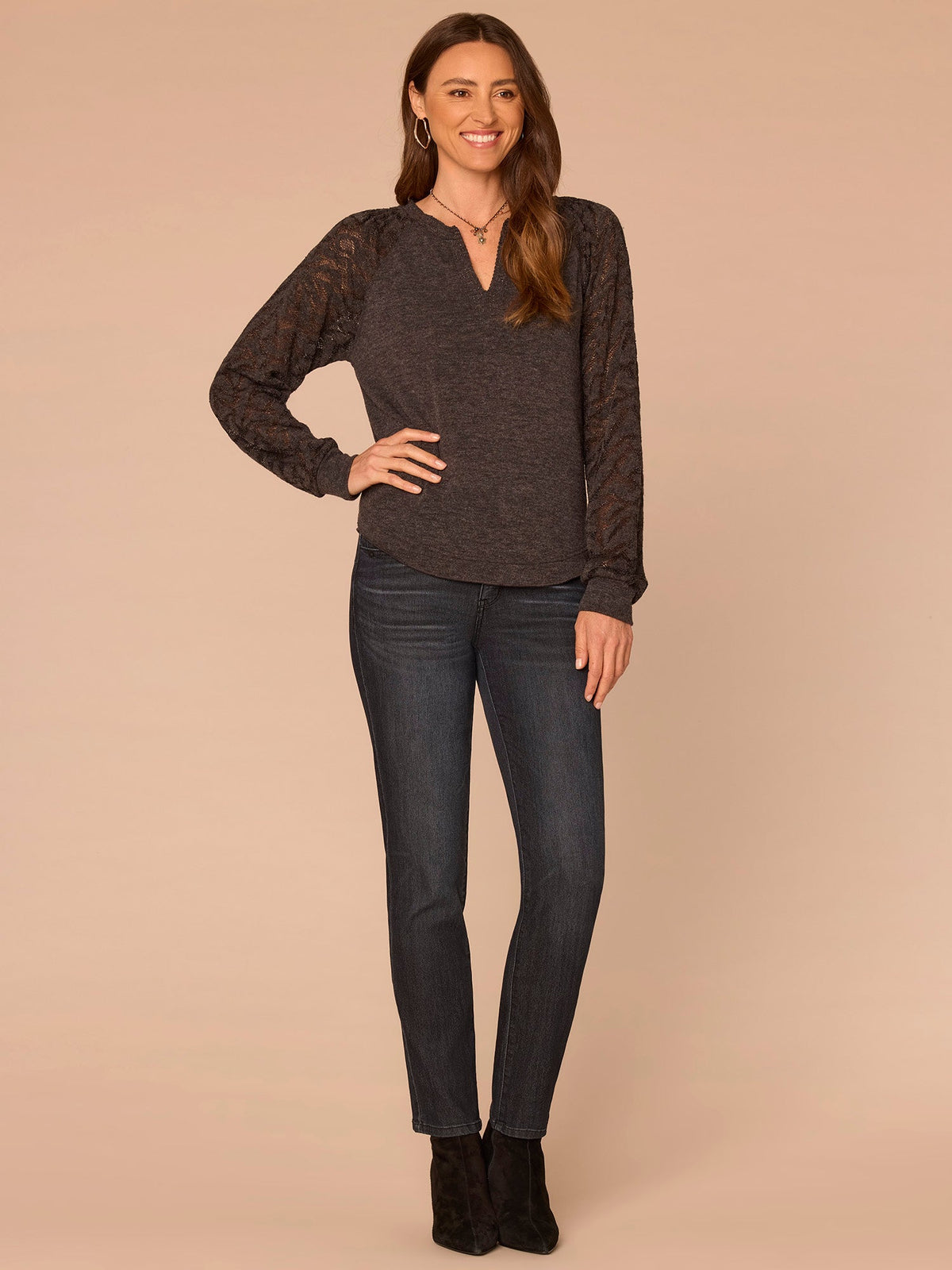 Long Blouson Sleeve Mandarin Collar Half Placket Mixed Media Knit Top - Heather Oxblood|Heather Black|Heather Jungle Moss
