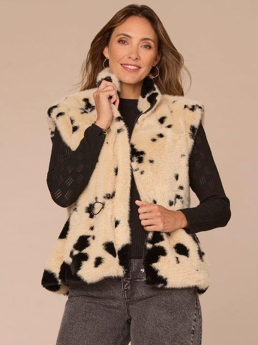 Funnel Neck Zip Front Toggle Waist Tie Woven Cow Print Faux Fur Vest - Birch Black