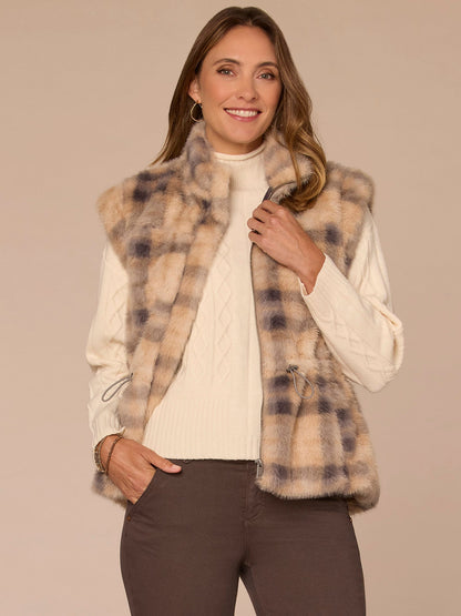 Funnel Neck Zip Front Toggle Waist Tie Petite Plaid Faux Fur Vest - Walnut Shadow Plaid