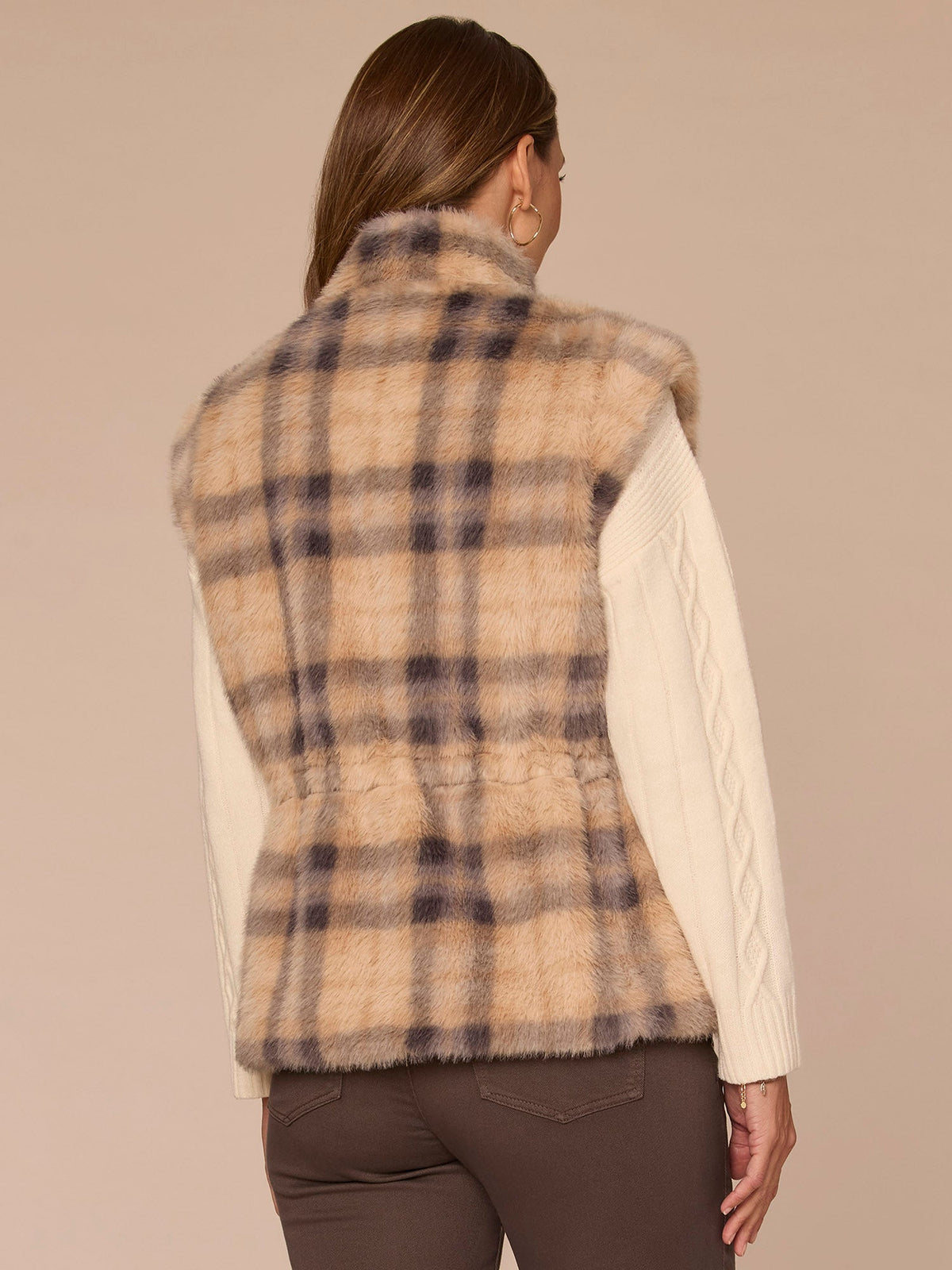 Funnel Neck Zip Front Toggle Waist Tie Petite Plaid Faux Fur Vest - Walnut Shadow Plaid
