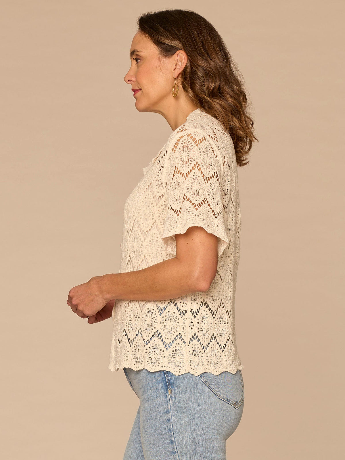 Short Sleeve Collared Button Down All-Over Crochet Petite Woven Top - Natural