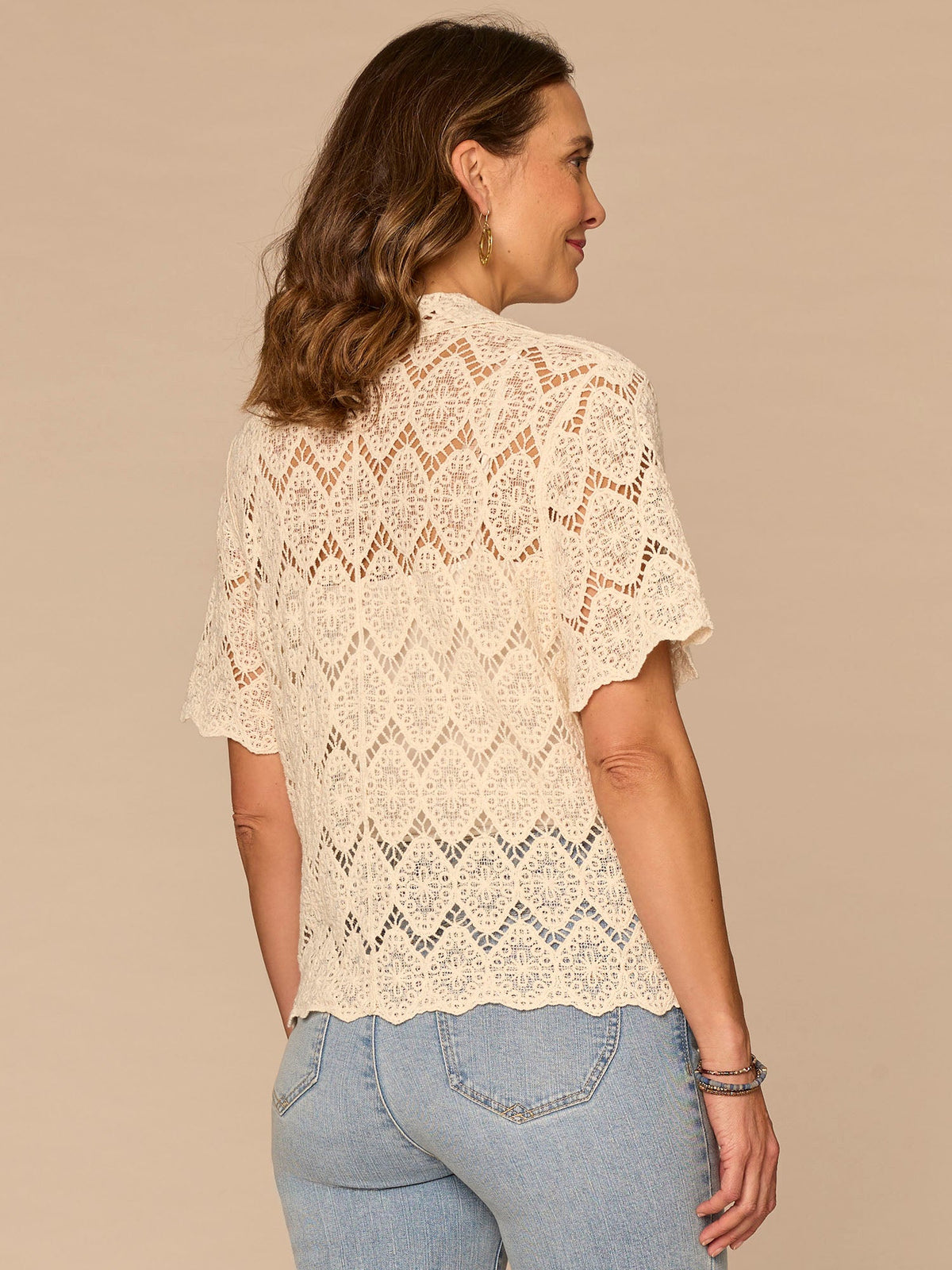 Short Sleeve Collared Button Down All-Over Crochet Petite Woven Top - Natural