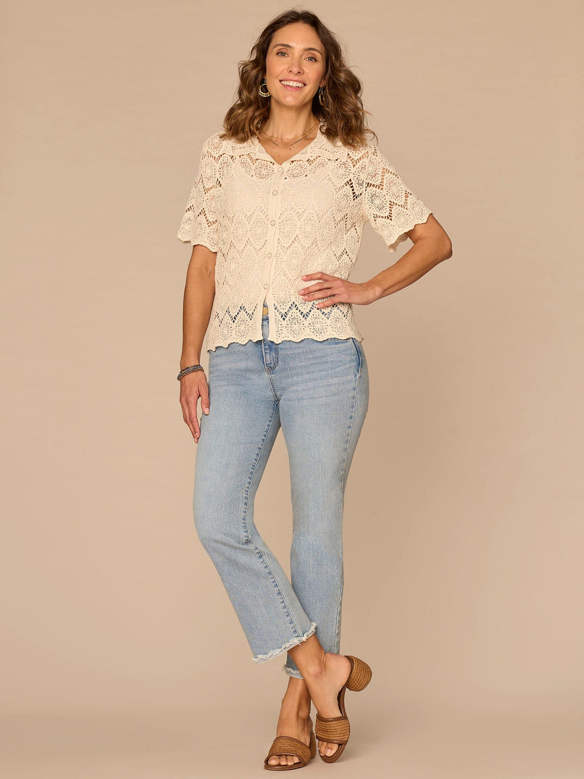Short Sleeve Collared Button Down All-Over Crochet Petite Woven Top - Natural