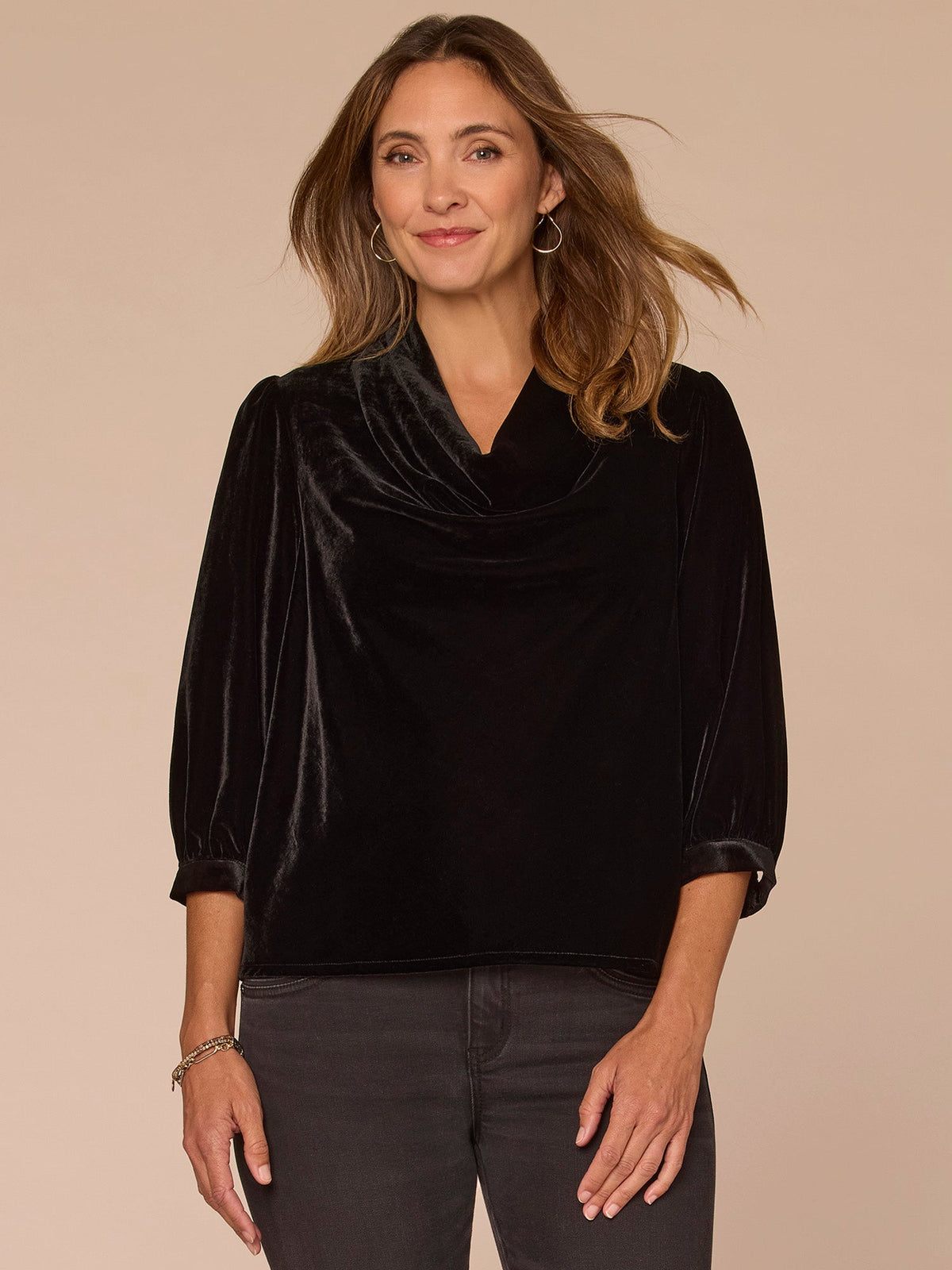 Three Quarter Cuff Sleeve Cowl Neck Woven Velvet Top - Black