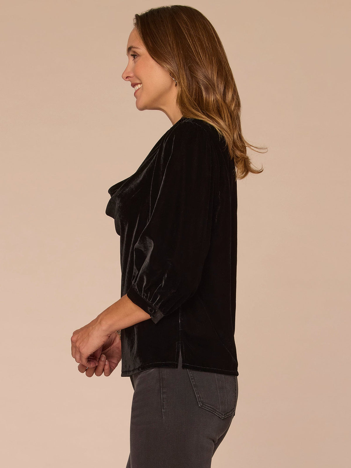 Three Quarter Cuff Sleeve Cowl Neck Woven Velvet Top - Black
