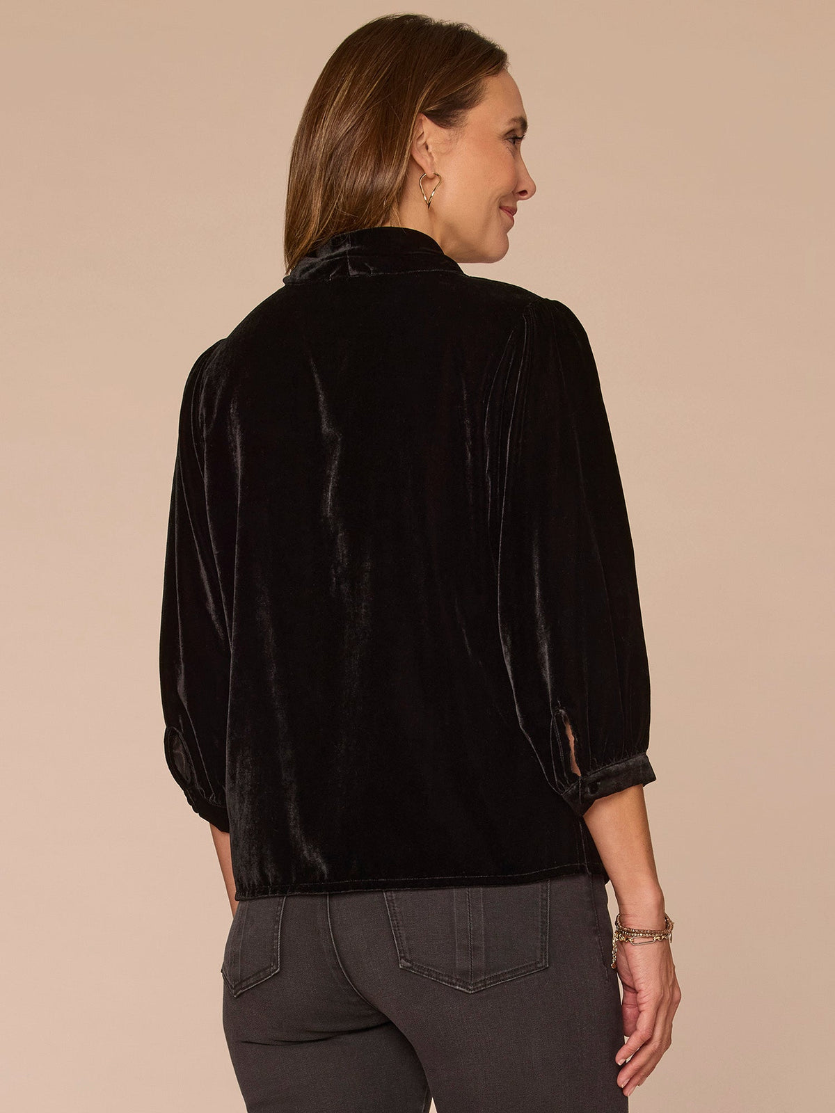 Three Quarter Cuff Sleeve Cowl Neck Woven Velvet Top - Black