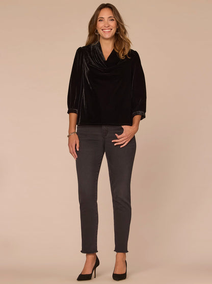 Three Quarter Cuff Sleeve Cowl Neck Woven Velvet Top - Black