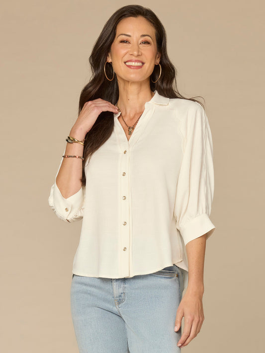 Below Elbow V-Neck Snap Front Woven Shirt with Scallop Edge Detail - Off White|Sandy Peach