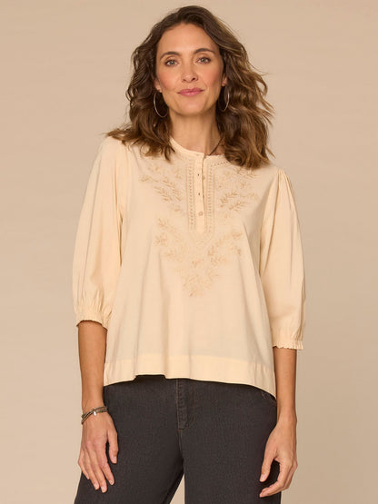 Below Elbow Blouson Sleeve Round Neck Embroidered Petite Woven Top - Macadamia