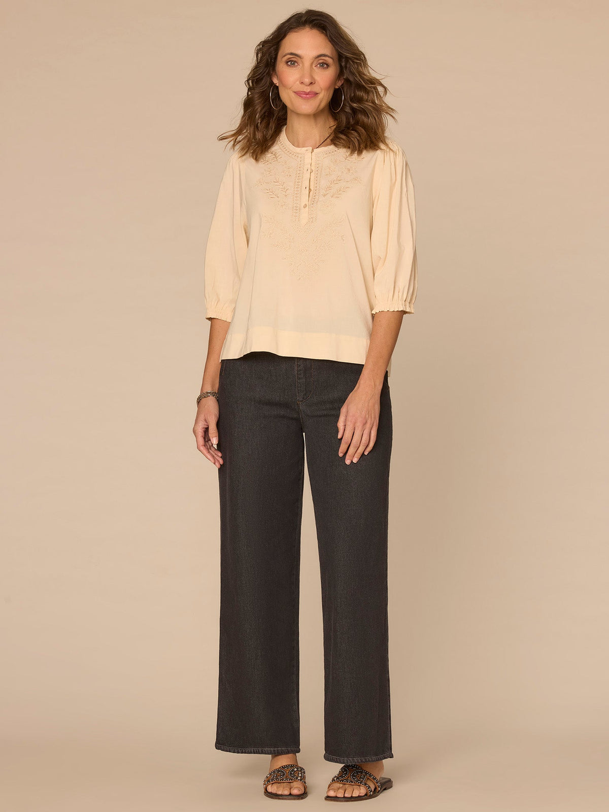 Below Elbow Blouson Sleeve Round Neck Embroidered Petite Woven Top - Macadamia