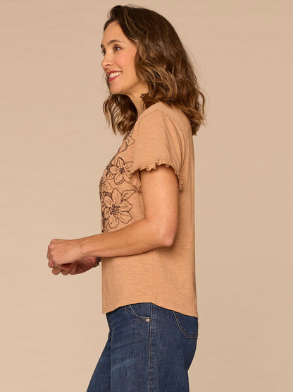 Short Ruffle Edge Sleeve Crew Neck Floral Embroidered Knit Top - Sandcastle Dark Licorice