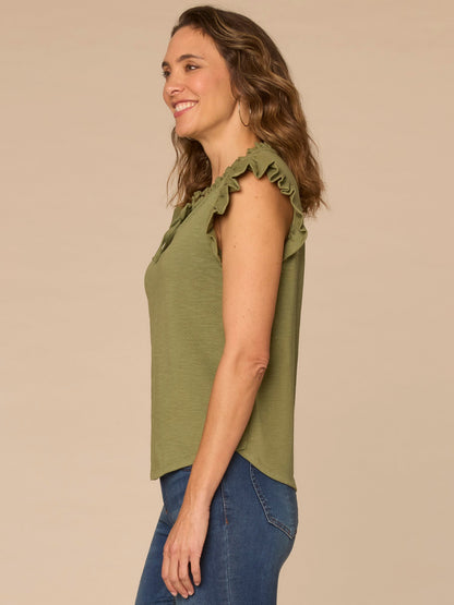 Ruffle Cap Sleeve Stand Collar Notch Neck Knit Top with Tie - Lily Pad|Macadamia|Black