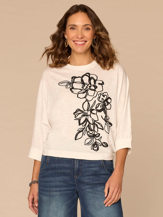 Three Quarter Dolman Sleeve Scoop Neck Floral Embroidered Knit Top - Off White Black|Persimmon Red|Jungle Moss Black