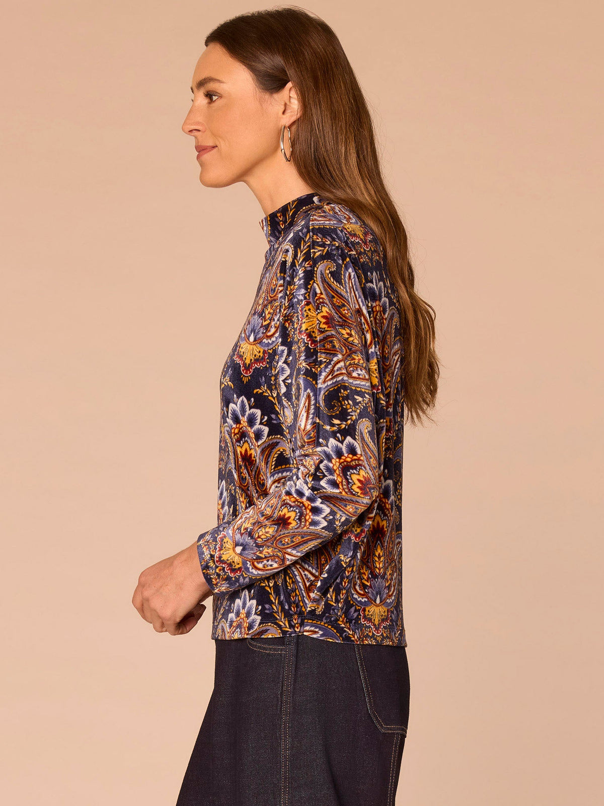 Long Batwing Sleeve Mock Neck Abstract Placement Print Knit Top - Navy Burnt Henna Multi