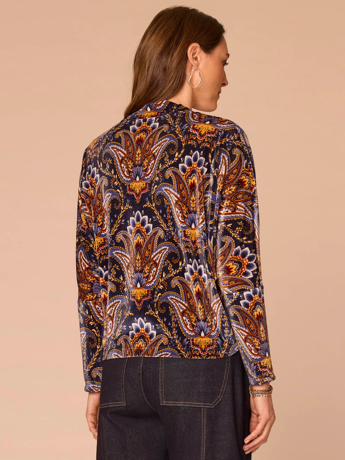 Long Batwing Sleeve Mock Neck Abstract Placement Print Knit Top - Navy Burnt Henna Multi