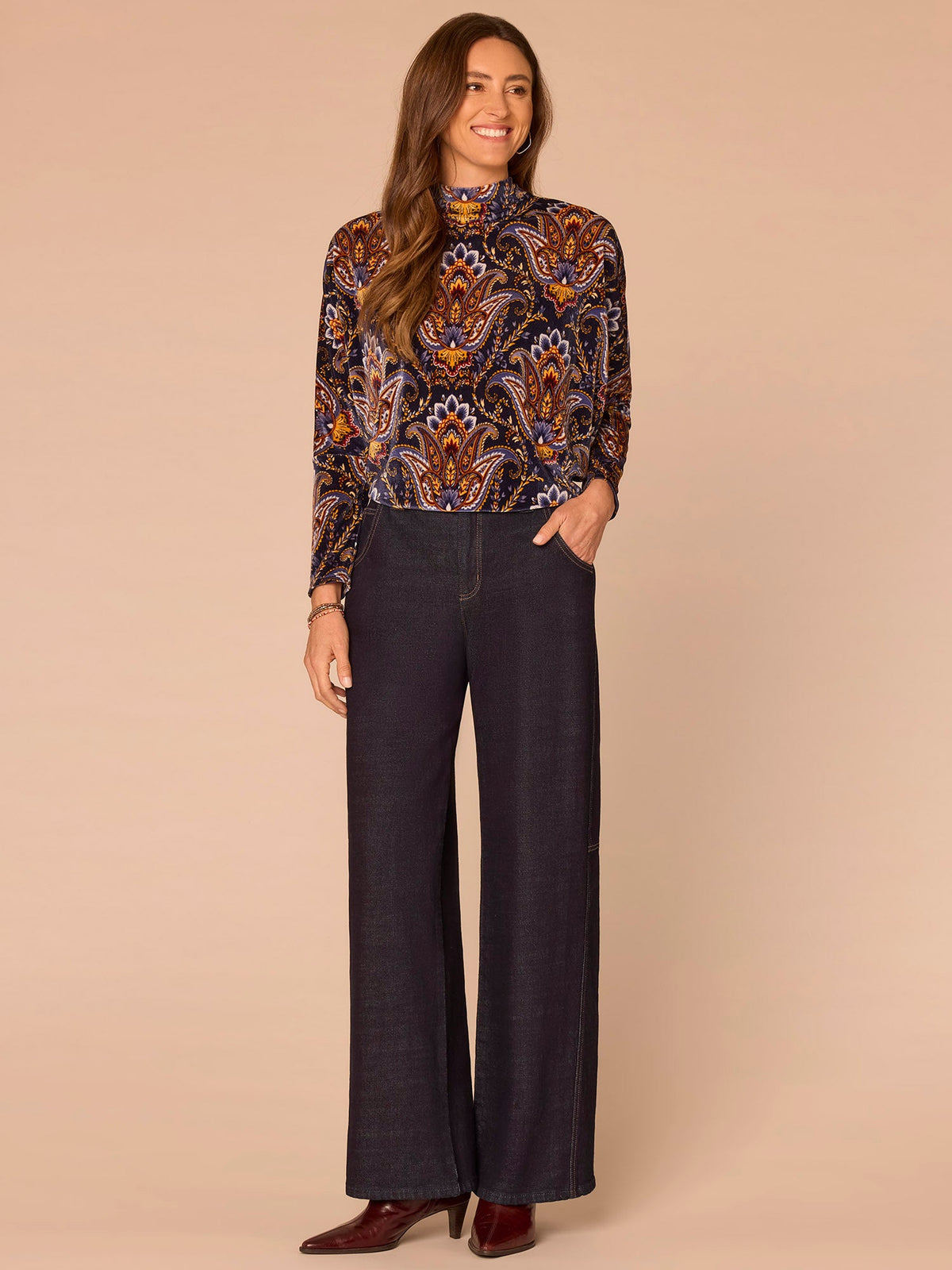 Long Batwing Sleeve Mock Neck Abstract Placement Print Knit Top - Navy Burnt Henna Multi