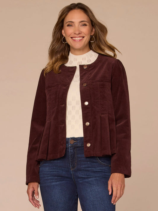 Long Puff Sleeve Peplum Box Pleat Button Down Petite Woven Jacket - Oxblood