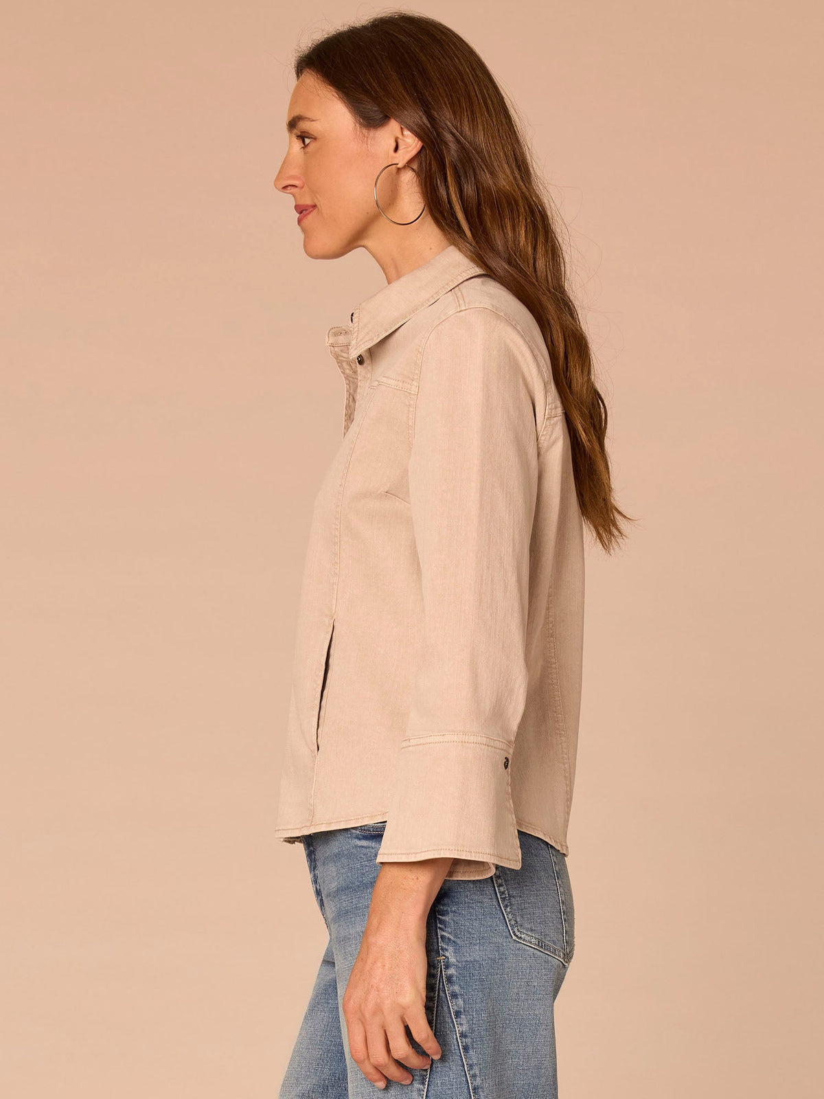 Three Quarter French Cuff Sleeve Button Down Petite Denim Shirt - Washed Pale Oak
