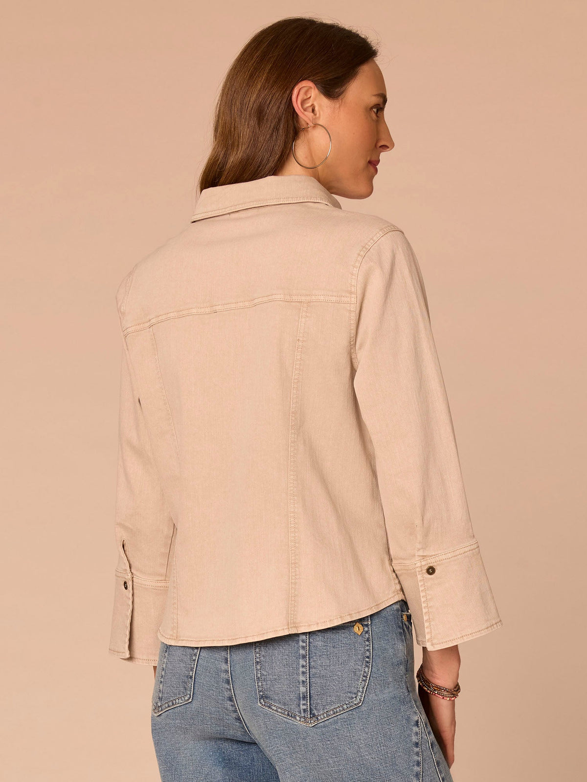 Three Quarter French Cuff Sleeve Button Down Petite Denim Shirt - Washed Pale Oak