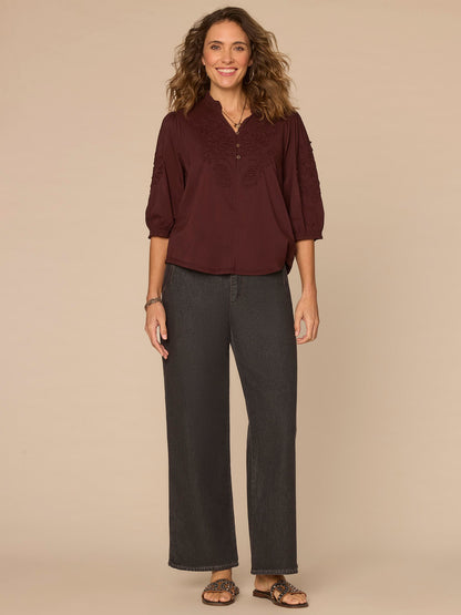 Blouson Sleeve Ruffle V-Neck Soutache Mixed Media Petite Woven Top - Cherry Chocolate