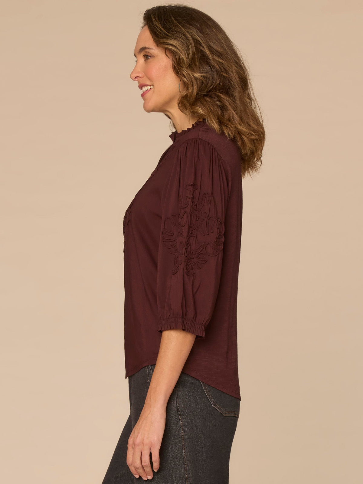 Blouson Sleeve Ruffle V-Neck Soutache Mixed Media Petite Woven Top - Cherry Chocolate