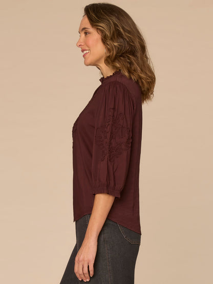 Blouson Sleeve Ruffle V-Neck Soutache Mixed Media Petite Woven Top - Cherry Chocolate