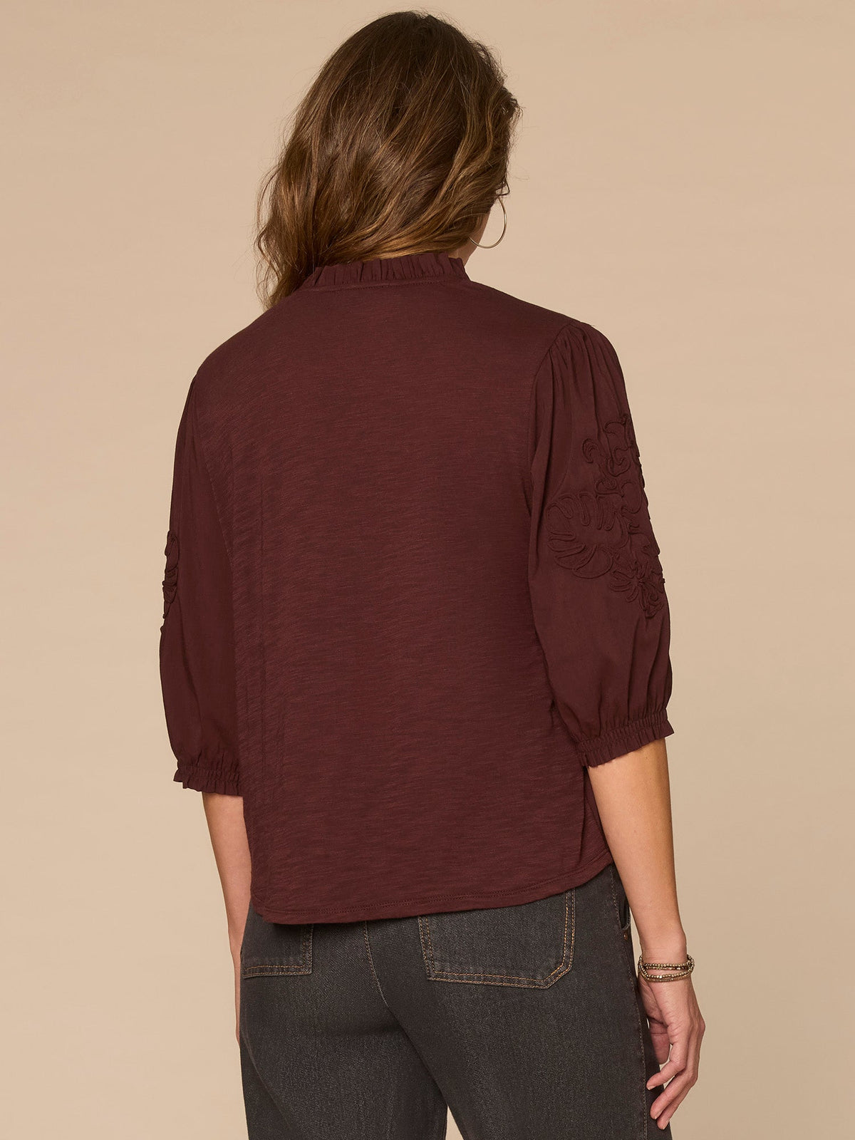 Blouson Sleeve Ruffle V-Neck Soutache Mixed Media Petite Woven Top - Cherry Chocolate