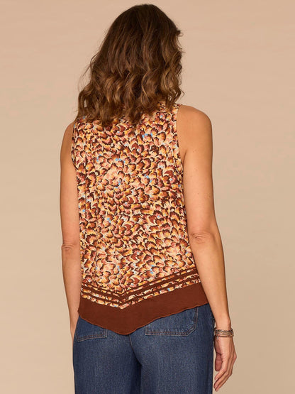 Sleeveless Deep V-Neck Hanky Hem Placement Border Print Knit Tank Top - Fired Brick Multi