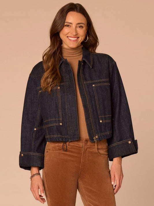 Three Quarter Snap Cuff Sleeve Adjustable Hem Denim Bomber Jacket - Indigo Denim